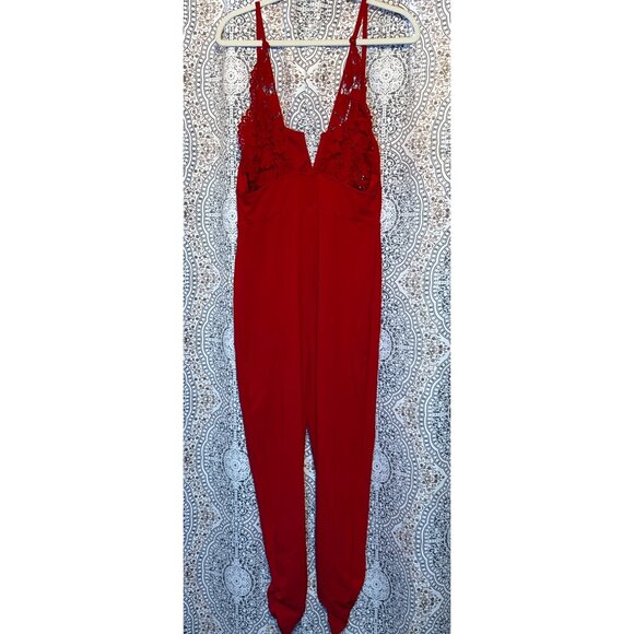 Red Lace Detail V-Neck Jumpsuit - Size M - Picture 3 of 13